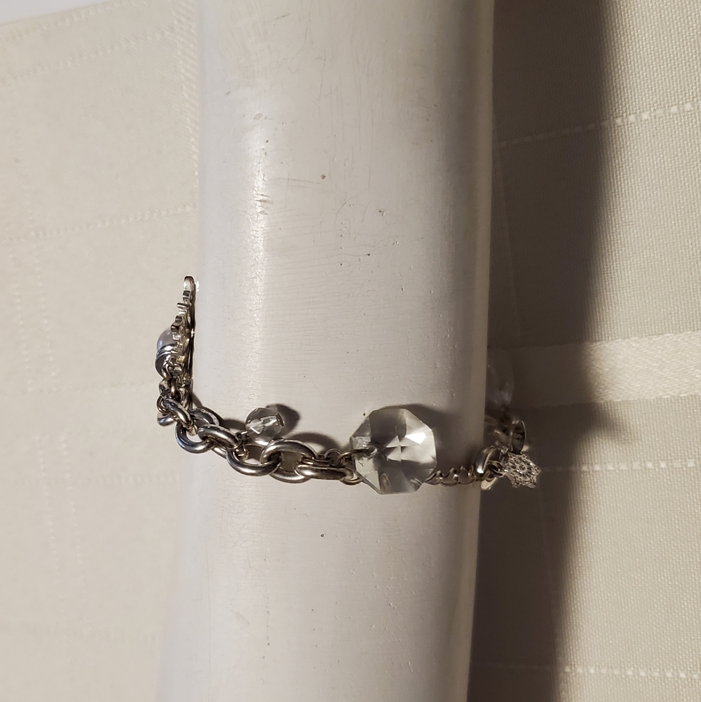 Elegant Sterling Silver Snowflake Pearl And Silver Stone Chain Bracelet
